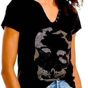 NWOT Zadig & Voltaire Black Tunisien Camo Rhinestone Skull Tee Size L